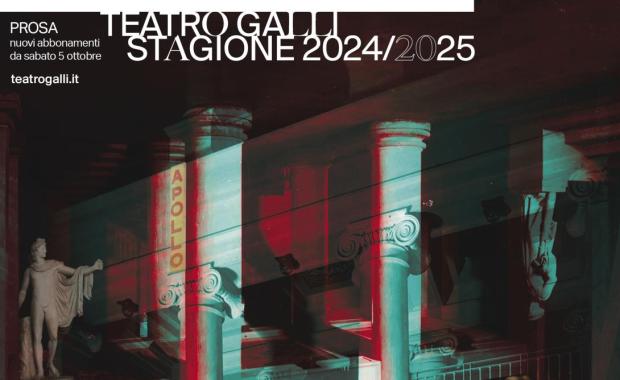 Poster teatrale con elementi surreali e statue classiche.